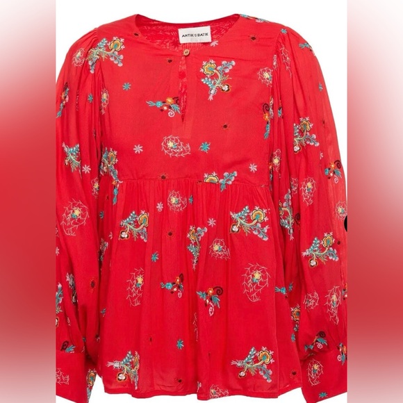 Antik Batik Tops - Antik Batik Red Houla Embroidered Voile Blouse